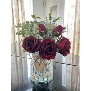 New Faux Flowers with Vase,Artificial Silk Roses in Vase, Fake Plant Eucalyptus
